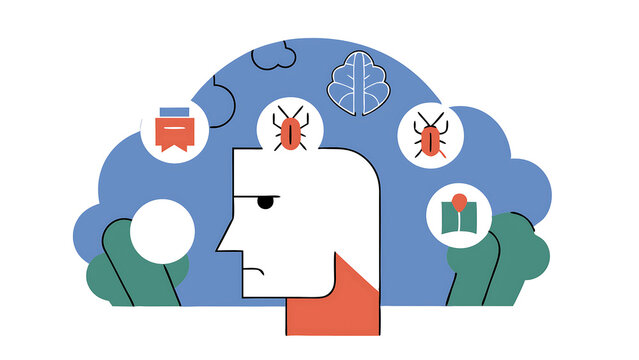 distraction social media or environment that disturb and cannot focus on work unproductive lifestyle concept human head with himself losing focus and distracted by bugs flying around 070525