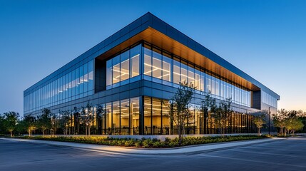 Contemporary architectural masterpiece, a modern office building with reflective windows and sharp lines, exuding elegance and innovation.  