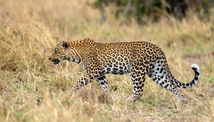 Obraz premium A majestic leopard gracefully walks through tall savanna grass. Its spotted coat blends seamlessly with the landscape.