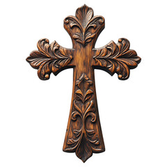 Decorative Wooden Cross with Intricate Engravings Isolated on Transparent Background