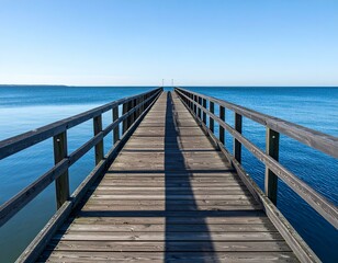 Obraz premium Serene wooden pier extending over calm blue sea under a clear sky. Perfect for travel, vacation, or relaxation themes.