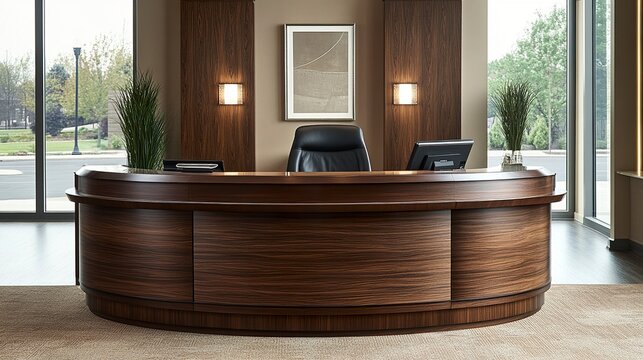 Contemporary corporate reception with a polished desk, elegant decor, and a welcoming ambiance, creating a professional first impression. 