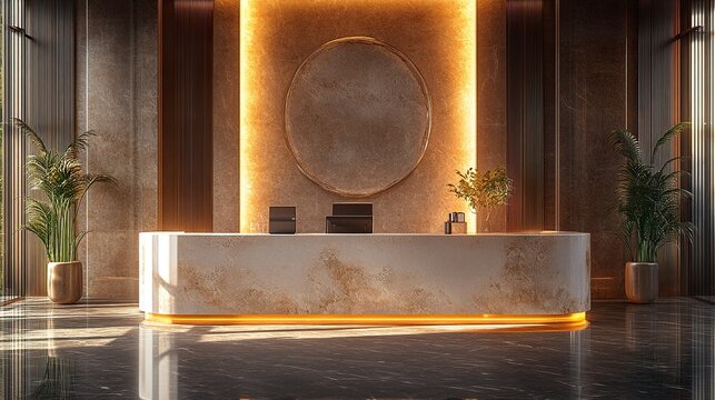 Contemporary corporate reception with a polished desk, elegant decor, and a welcoming ambiance, creating a professional first impression. 