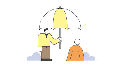 good boss defend team for the right cover or protection from business risk help or support in career development concept kindness businessman offer big umbrella to cover employee from bad weather