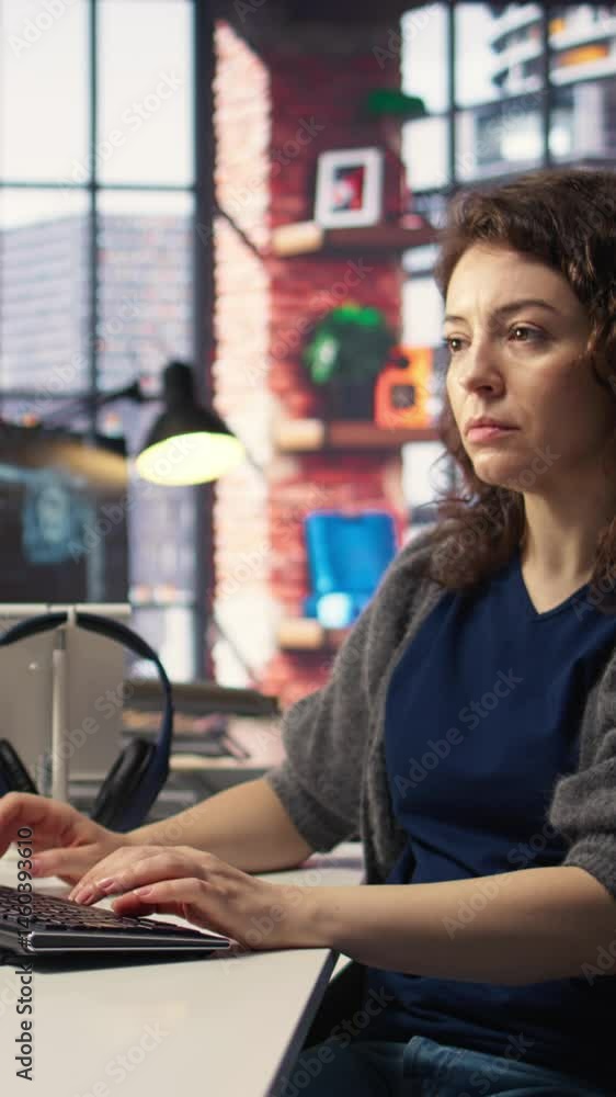 Poster vertical video freelancer woman employs online ai assistant to automate text generation and solve ta
