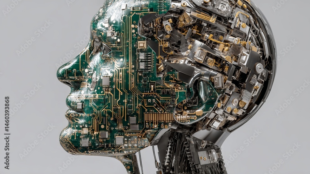 Aufkleber futuristic robotic head artificial intelligence circuitry design technology ai 3d data gold grey