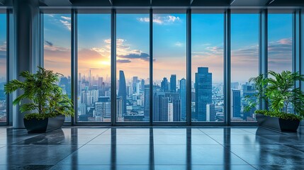 Contemporary office building with energy-saving tintable windows, sleek design enhancing skyline views and interior comfort. 