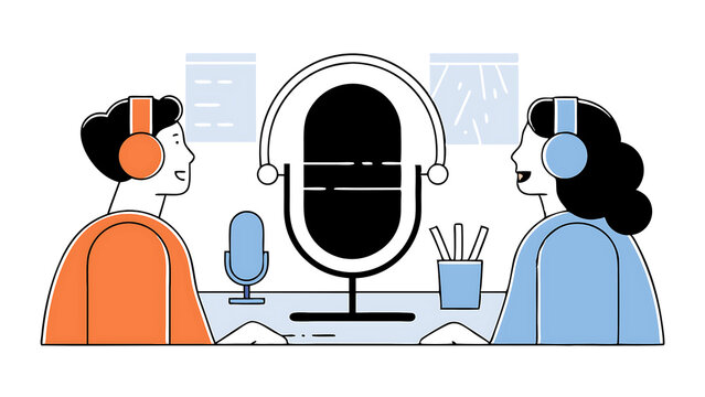 podcast in episodic series of digital audio records broadcast or streaming via internet for easy listeners professional podcasters man and woman talk with big podcast microphone and wearing headphone