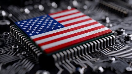 American flag on microchip technology circuit board image usa red blue data pins white stars metal