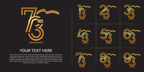 Anniversary logo type set with double line number. golden color with long ribbon for celebration event
