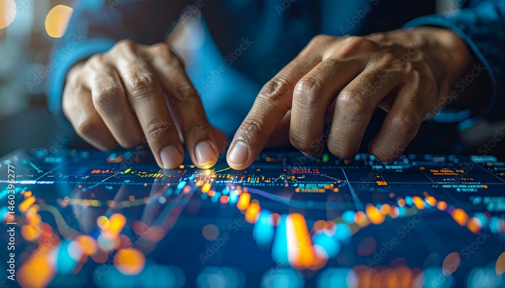 Poster close-up of hands interacting with a digital interface displaying financial data, showcasing busines