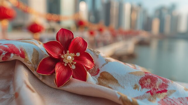 Close-up of a red bauhinia brooch on silk, golden light on petals, festive city backdrop - celebrating Hong Kong's establishment day with elegance.
