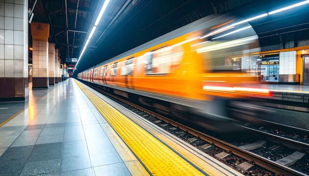 Fast train speeding through subway station at night. Vibrant orange train, motion blur effect.