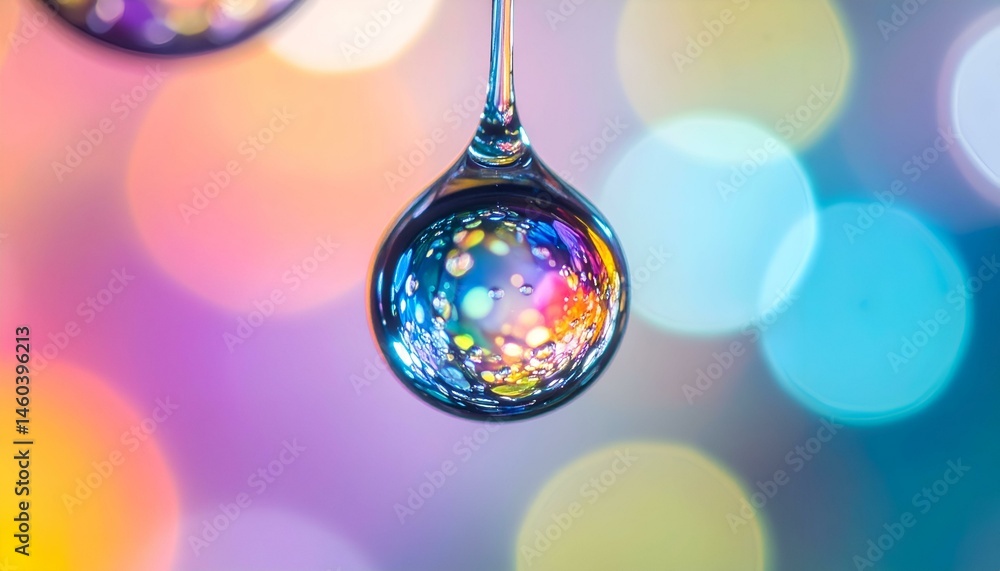 Poster abstract macro photo of a water droplet reflecting colorful bokeh lights. perfect for backgrounds, w