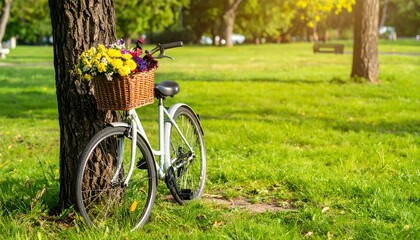 Fototapeta premium A bicycle with a basket of flowers leaning against a tree in a park on a sunny day.