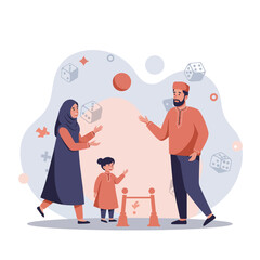 Muslim family playing board game together at home with father mother and daughter enjoying leisure time indoors 