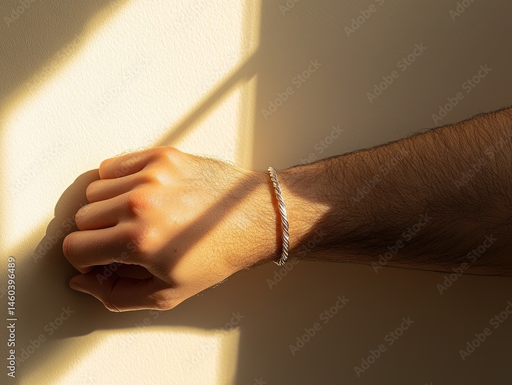 Aufkleber close-up of a hand with a bracelet resting against a wall illuminated by sunlight and shadows creati