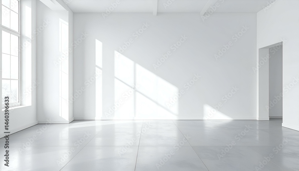 Poster minimalist empty room with sunlight streaming through large windows. perfect for showcasing products