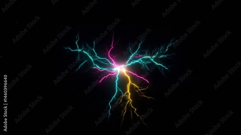 Poster colorful lightning strikes emanating from a central point on a black background image