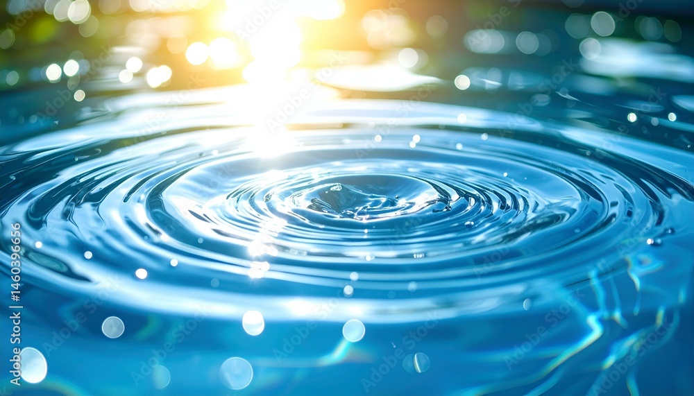 Poster stunning close-up of concentric ripples on water surface, illuminated by sunlight, creating a serene