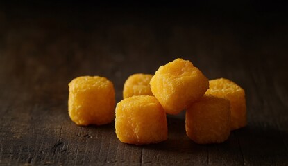 Golden, cubed snacks on rustic wood