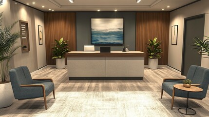 Corporate office entrance with a stylish reception area, featuring a sleek desk, modern decor, and inviting seating for clients.  