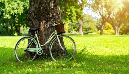 Fototapeta premium Vintage green bicycle with flower basket leaning against a tree in a sunny park. Perfect for travel, nature, and hobby themes.