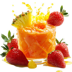 Luminous Strawberry Fruit Smoothie with Orange Splash Isolated on Transparent Background