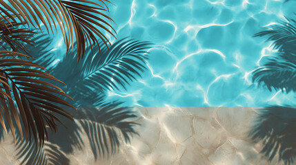 Tropical leaf shadow on water surface, shadow of palm leaves on blue water, beautiful abstract background concept banner for summer vacation at the beach