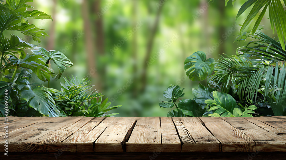 Poster the empty wooden table top with lush green rainforest amazon jungle leaves and plants in background,