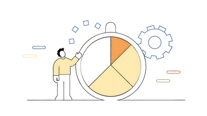 time tracking system or time management to manage project or productivity evaluate efficiency or project resources planning concept business man stand with stop watch timer time spend pie chart 070525