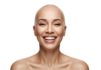 Beautiful Smiling Bald Woman with Bare Shoulders Isolated on White