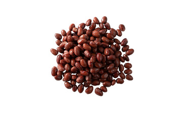 A top down view of a pile of black beans, against a white background.