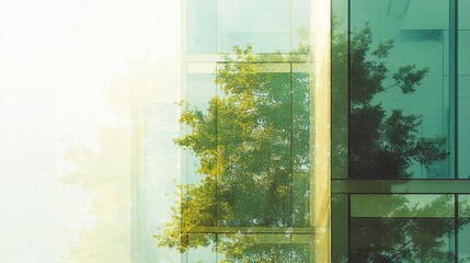 Naklejka premium Double exposure featuring a minimalist building and green foliage, blending urban sophistication with environmental consciousness. 