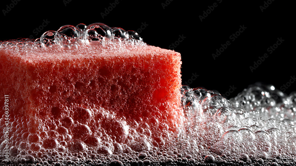 Poster Soap foam and red sponge in foam with bubbles isolated on black background