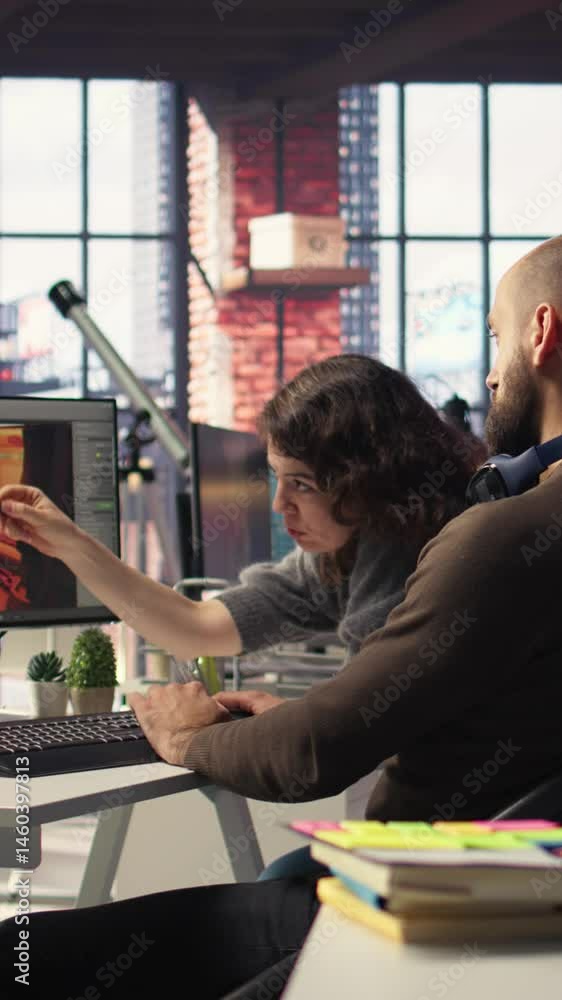 Poster vertical video man and woman work with ai generated app to develop a futuristic spaceship station. n