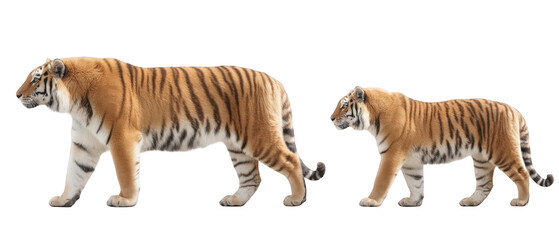 Obraz premium Two tigers walking side by side in a natural setting, showcasing their distinct sizes and features