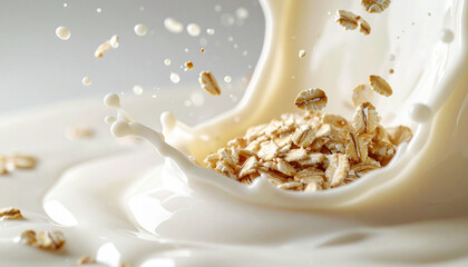 Dynamic oat splash in creamy milk kitchen counter food photography bright close-up perspective