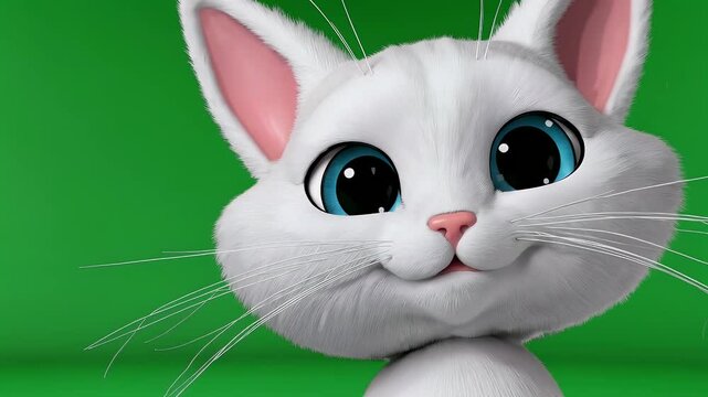 Feature cheerful white cartoon cat character reacting green screen background ideal animated content compositing children&rsquo;s projects