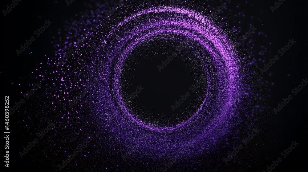 Poster Purple abstract circle galaxy particle effect, ring with swirling particles vortex visual effect layer overlay isolated black and