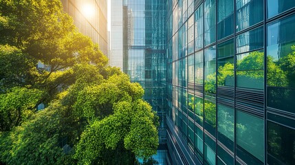 Eco-friendly glass office building in a modern city, surrounded by trees for reducing carbon dioxide, blending sustainability with sleek urban design. 