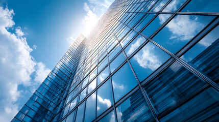 Obraz premium Modern office building or business center, high, rise window buildings made of glass reflect the clouds and the sunlight, empty street outside wall modernity civilization, growing up business