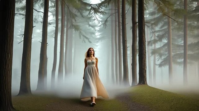 Woman in flowing dress walks through a misty forest ethereal dreamy mood