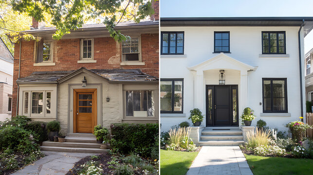 Modern home renovation, before, after, home exterior, a modern makeover transforms a traditional brick house with a fresh, white facade