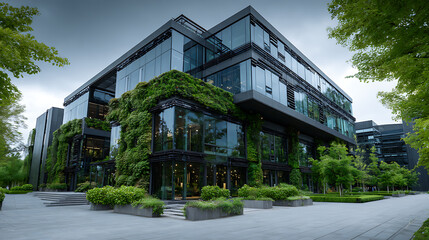Fototapeta premium Modern environmentally friendly building, sustainable glass office with wood to reduce carbon footprint, office surrounded by greenery, corporate buildings reduce co2 emissions