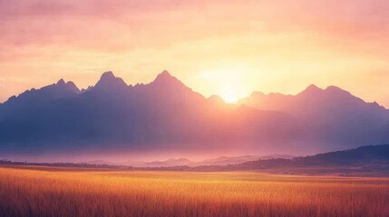 Obraz premium Majestic mountain range sunrise over golden field