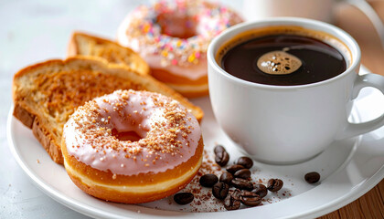 Gourmet coffee and donuts with toast on a white plate elegant kitchen food photography closeup