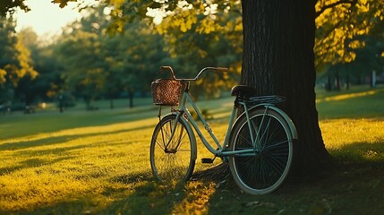 Fototapeta premium Light-filled park scene with a vintage bicycle leaning against a tree.