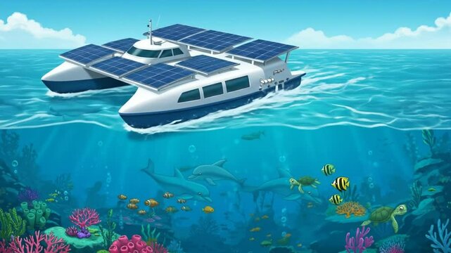 Solar-Powered Catamaran Exploring Vibrant Coral Reef