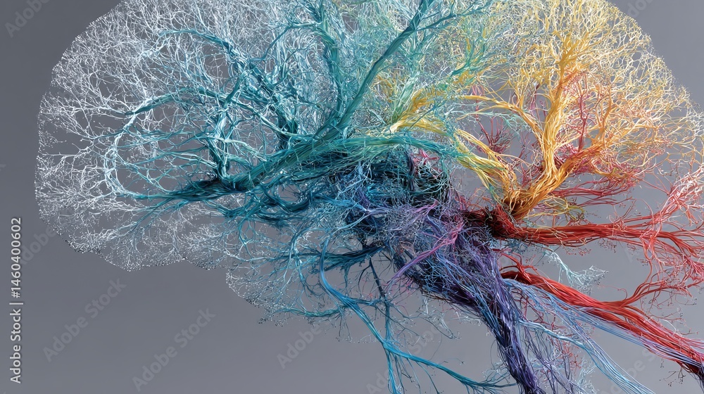 Aufkleber abstract colorful brain neural network structure visualization 3d art red blue teal gray mind model